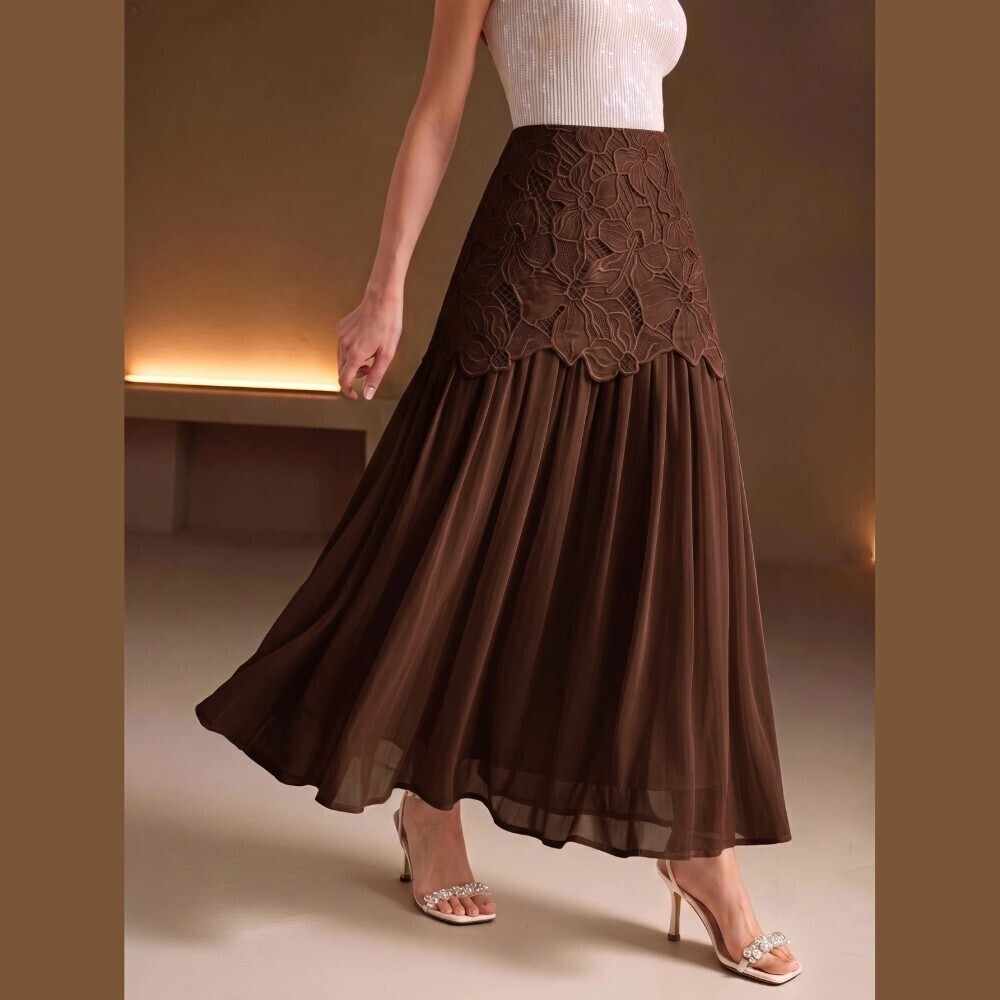 Brown Floral Lace Yoke Pleated Chiffon Flowy A-Line Maxi Skirt